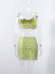 Women Summer Tassel Top With Mini Skirt Set | Sequin Crop Top | Backless | Beach Holiday