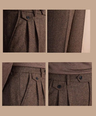 Men High-Waisted Woolen Pants | Herringbone | Italian Vintage Pants | Suit Pants |  Warm | Straight Fit