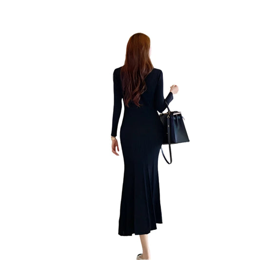 Women Black Mermaid Maxi Dress | Long Sleeve V-Neck Party Dress