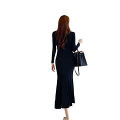 Women Black Mermaid Maxi Dress | Long Sleeve V-Neck Party Dress