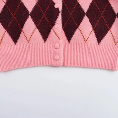 Women Argyle Cardigan | Casual | Knitted | Elegant Sweater | Long Sleeve | Knitwear