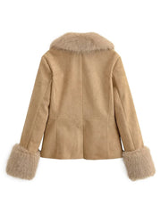 Women Suede Fur Collar Coat | Long Sleeve | V-Neck | Warm | Slim Fit Jacket | Winter | Party | Streetwear