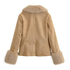 Women Suede Fur Collar Coat | Long Sleeve | V-Neck | Warm | Slim Fit Jacket | Winter | Party | Streetwear