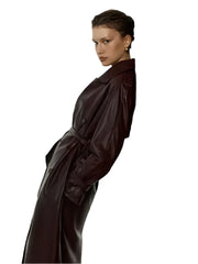 Women Burgundy Long Leather Jacket
