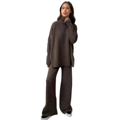 Women Knitted Turtleneck Sweater and High Waisted Trousers Set | Winter Casual Knitwear