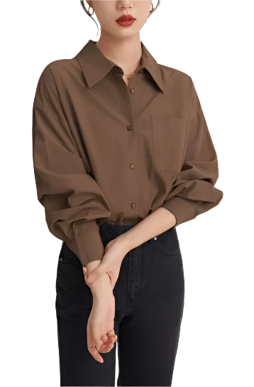 Women Vintage Brown Button Down Blouse | Office Wear Long Sleeve Plain Shirt