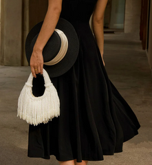 Women Pearl Evening Clutch | Luxury Designer Handbag | Long Tassel Clutch | Pearl Handle