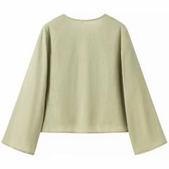 Women V-Neck Lace Up Shirt | Summer Casual Long Sleeve Blouse | Beach Chic Top