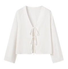 Women V-Neck Lace Up Shirt | Summer Casual Long Sleeve Blouse | Beach Chic Top