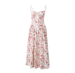 Women Floral Printed Pleated Sling Summer Maxi Dress