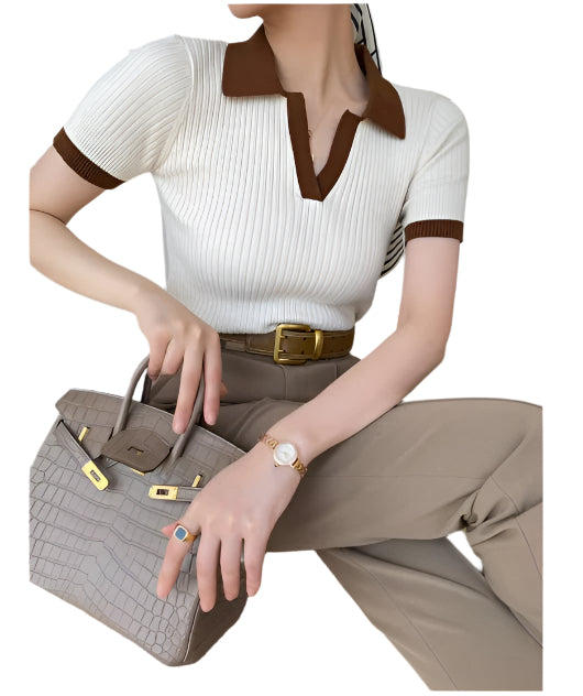 Women Short Sleeve Polo Shirt | Cropped Slim Knitted Polo Shirt
