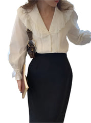 Women Vintage V Neck Blouse | White Summer Cotton Oversize Loose Shirt