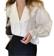 Women Vintage V Neck Blouse | White Summer Cotton Oversize Loose Shirt