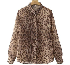 Women Leopard Print Chiffon Blouse | Cheetah Print Blouse | Button Up Office Long Sleeve Shirt