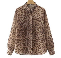 Women Leopard Print Chiffon Blouse | Cheetah Print Blouse | Button Up Office Long Sleeve Shirt