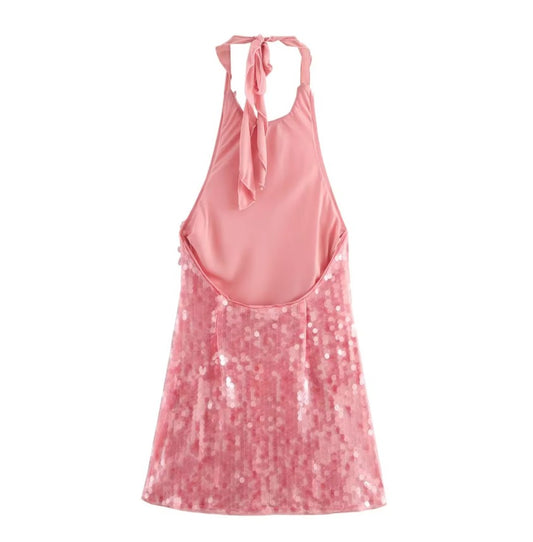 Women Sequin Halter Party Dress | Pink Slim Sleeveless Backless Mini Dress