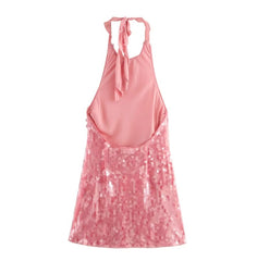 Women Sequin Halter Party Dress | Pink Slim Sleeveless Backless Mini Dress