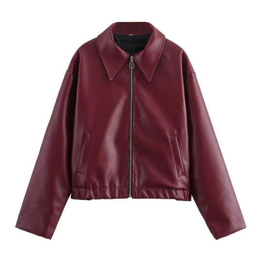 Women Burgundy Leather Zipper Jacket