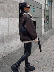 Women Dark Brown Shearling Leather Jacket | Classic Fur Leather Jacket | Long Sleeve Moto Biker Zipper