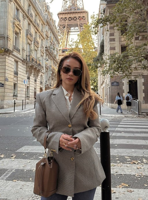 Women Houndstooth Blazer | Vintage Brown Plaid Blazer | Office