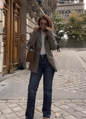 Women Houndstooth Blazer | Vintage Brown Plaid Blazer | Office