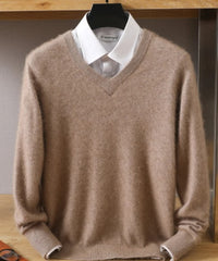 Men Cashmere V-Neck Pullover | Cashmere Knitted Sweater | Mink Winter Long Sleeve Top