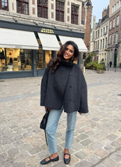 Women Short Jacket | Wide Shoulder | Vintage High Neck | Long Sleeve | Cape Coat