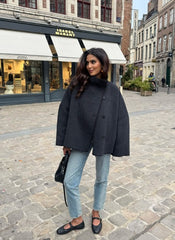Women Short Jacket | Wide Shoulder | Vintage High Neck | Long Sleeve | Cape Coat