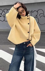 Women Short Jacket | Wide Shoulder | Vintage High Neck | Long Sleeve | Cape Coat