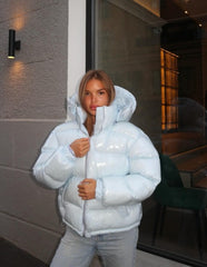 Women Glossy Zipper Hooded Jacket | Windbreaker | Pleated | Short Jacket | Cotton