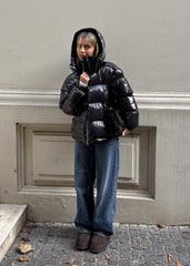 Women Glossy Zipper Hooded Jacket | Windbreaker | Pleated | Short Jacket | Cotton