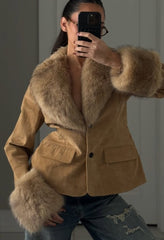 Women Suede Fur Collar Coat | Long Sleeve | V-Neck | Warm | Slim Fit Jacket | Winter | Party | Streetwear
