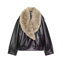 Women Winter Loose Leather Fur Jacket | Big Fur Collar | Casual Coat | Double Breasted