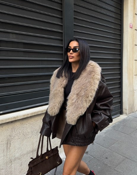 Women Winter Loose Leather Fur Jacket | Big Fur Collar | Casual Coat | Double Breasted