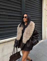 Women Winter Loose Leather Fur Jacket | Big Fur Collar | Casual Coat | Double Breasted