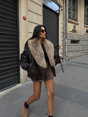 Women Winter Loose Leather Fur Jacket | Big Fur Collar | Casual Coat | Double Breasted