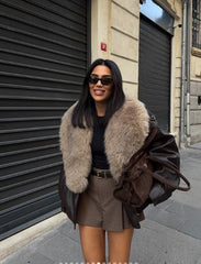 Women Winter Loose Leather Fur Jacket | Big Fur Collar | Casual Coat | Double Breasted