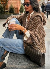 Women Oversized Knitted Jacket | Large Collar | Street Style | Geometric Pattern