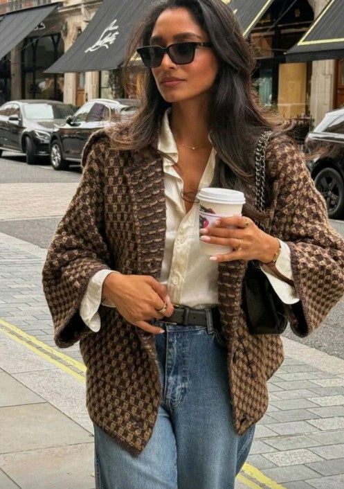 Women Oversized Knitted Jacket | Large Collar | Street Style | Geometric Pattern