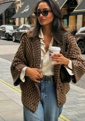 Women Oversized Knitted Jacket | Large Collar | Street Style | Geometric Pattern