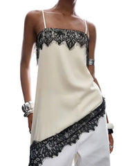 Women Summer Vintage Lace Satin Asymmetrical Slip Top | Tank Top | Sleeveless | Backless | Spaghetti Strap