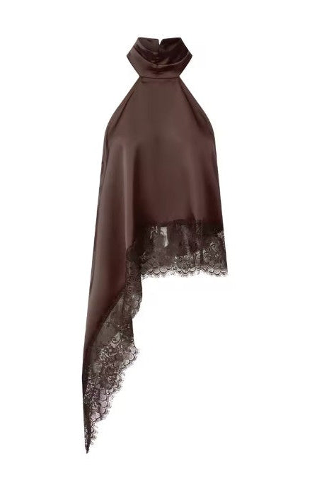 Women Asymmetrical  Lace Satin Top | Silk Vest | Draped Choker | Halter Neck | Cami