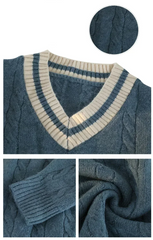 Men Knitted Ribbed Sweater | V-Neck Splicing Knit Pullover