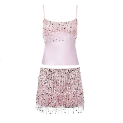 Women Pink Summer Tassel Top With Mini Skirt Set | Sequin Crop Top | Backless