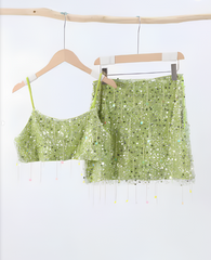 Women Summer Tassel Top With Mini Skirt Set | Sequin Crop Top | Backless | Beach Holiday