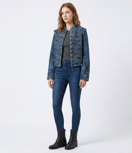 Women Metal Rib Button Denim Jacket | Cropped Jacket | Washed Effect | Napoleon Jacket | Slim