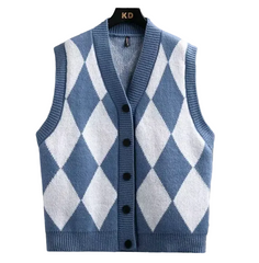 Men Plaid Sweater Vest | Sleeveless V-Neck Button Cardigan | Office Knitted Vest