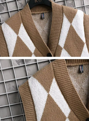 Men Plaid Sweater Vest | Sleeveless V-Neck Button Cardigan | Office Knitted Vest