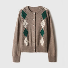 Women Argyle Cashmere Knitted Cardigan | Diamond Check Sweater | Wool