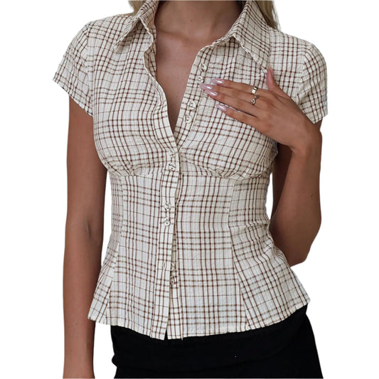 Women Short Sleeve Plaid Button Down Shirt | Button Down Blouse | Fitted Top